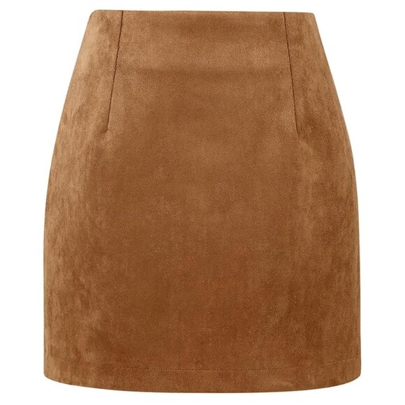 NWT - IDEALSANXUN High Waist Bodycon Pencil Mini Skirt - Tan Faux Suede - Small - Picture 2 of 15